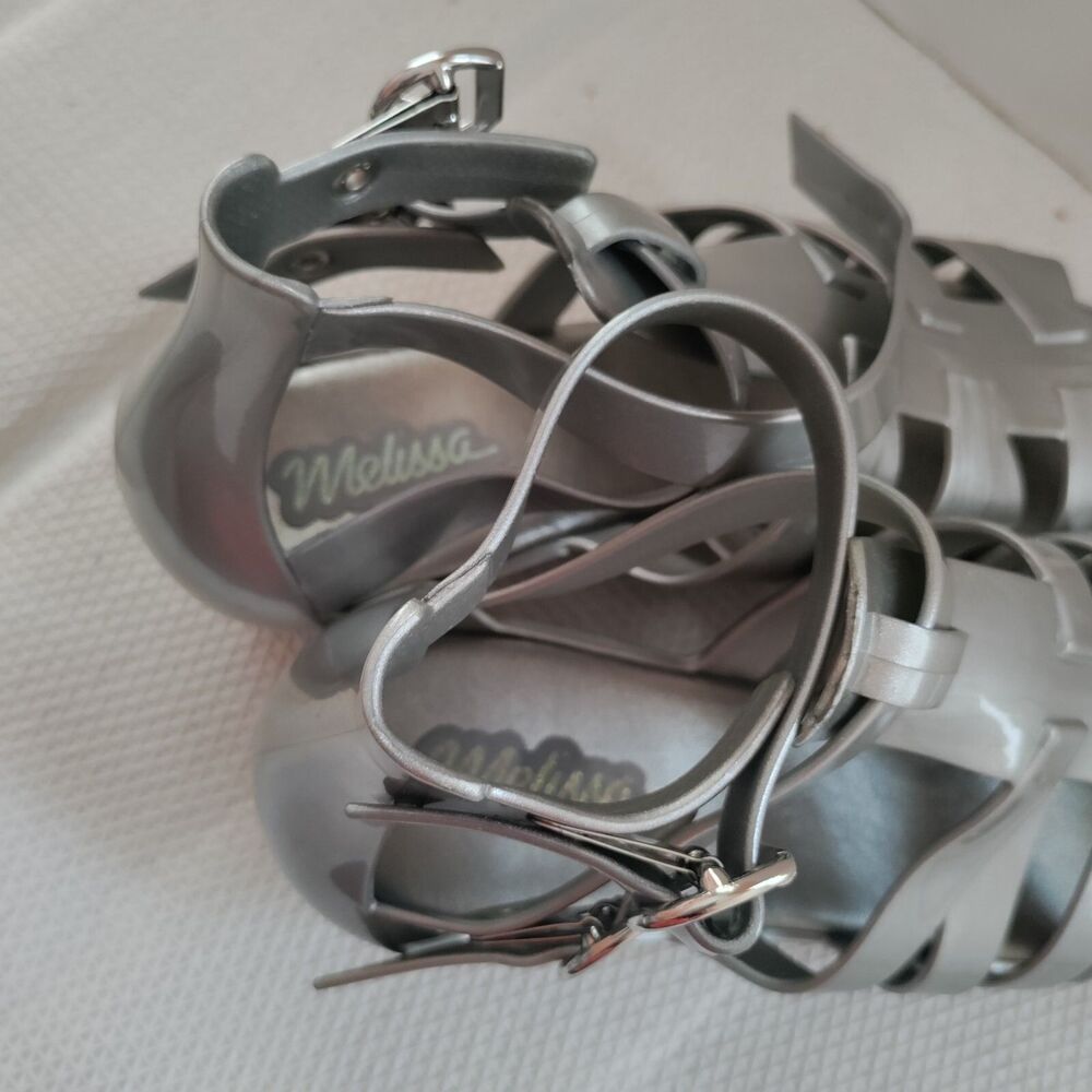Melissa Liberty Jelly Strappy Silver Sandals Slight Wedged Heel US Sz 7/ EU 38 - Picture 14 of 14